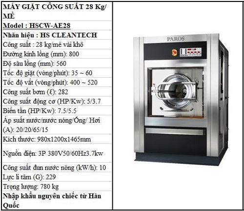 Thông số kỹ thuật máy giặt công nghiệp