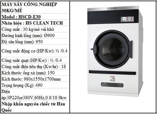 Thông số kỹ thuật máy sấy công nghiệp
