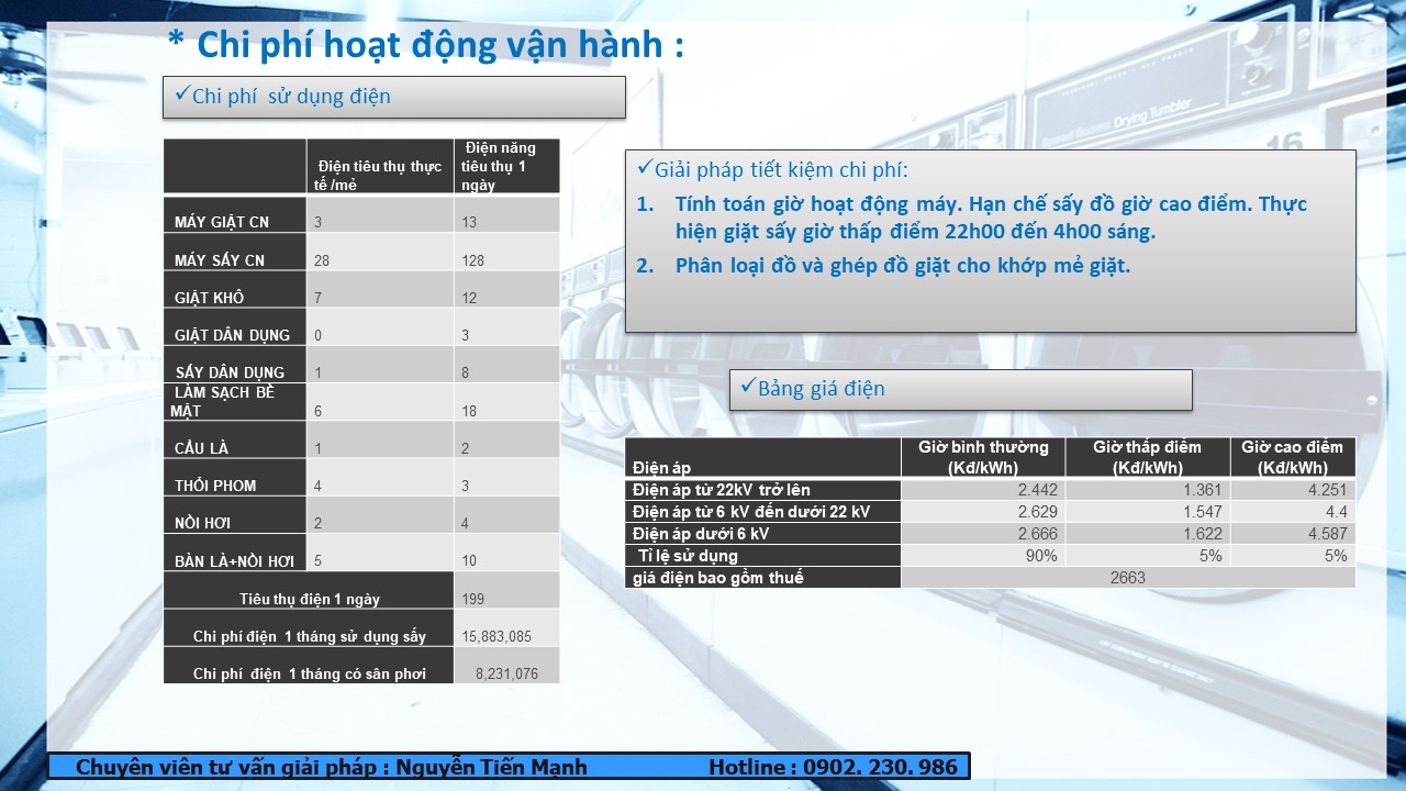 Chi phí tiêu hao điện năng của thiết bị máy giặt sấy công nghiệp