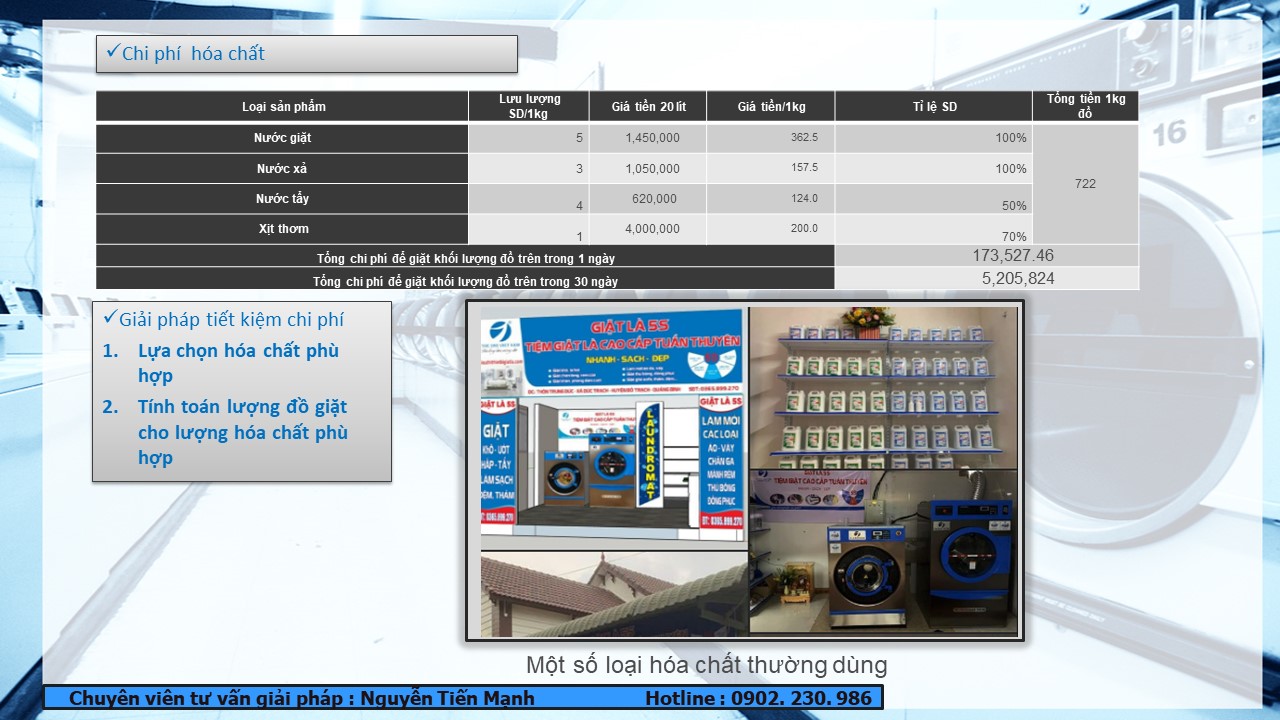 Chi phí tiêu hao hóa chất giặt là công nghiệp cho tiệm giặt là 