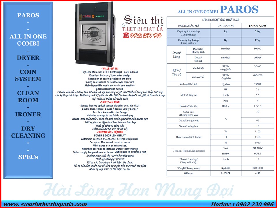 Thống số kỹ thuật máy giặt sấy công nghiệp all in one Paros-aio35