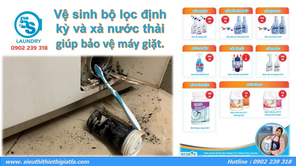 Vệ sinh bộ lọc định kỳ và xả nước thải giúp bảo vệ máy giặt.