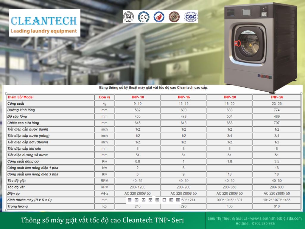 Bảng thông số kỹ thuật máy giặt vắt tốc độ cao Cleantech cao cấp: