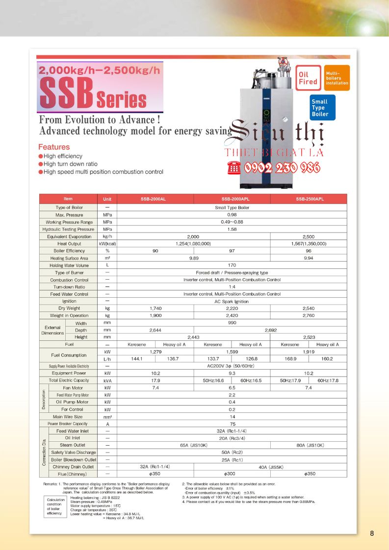 Thông số kỹ thuật Nồi hơi công nghiệp SAMSON dùng Dầu SBB-seri