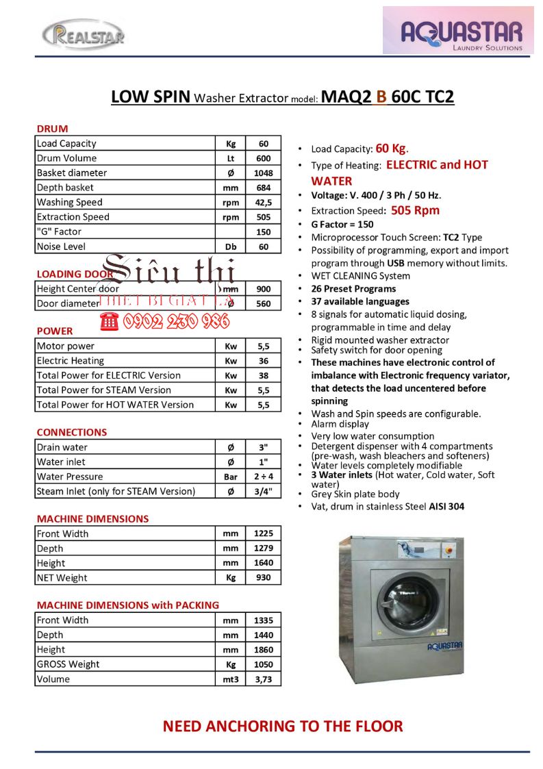 Thông Số Kỹ Thuật Máy Giặt Vắt AQUASTAR MAQ2 B 60C