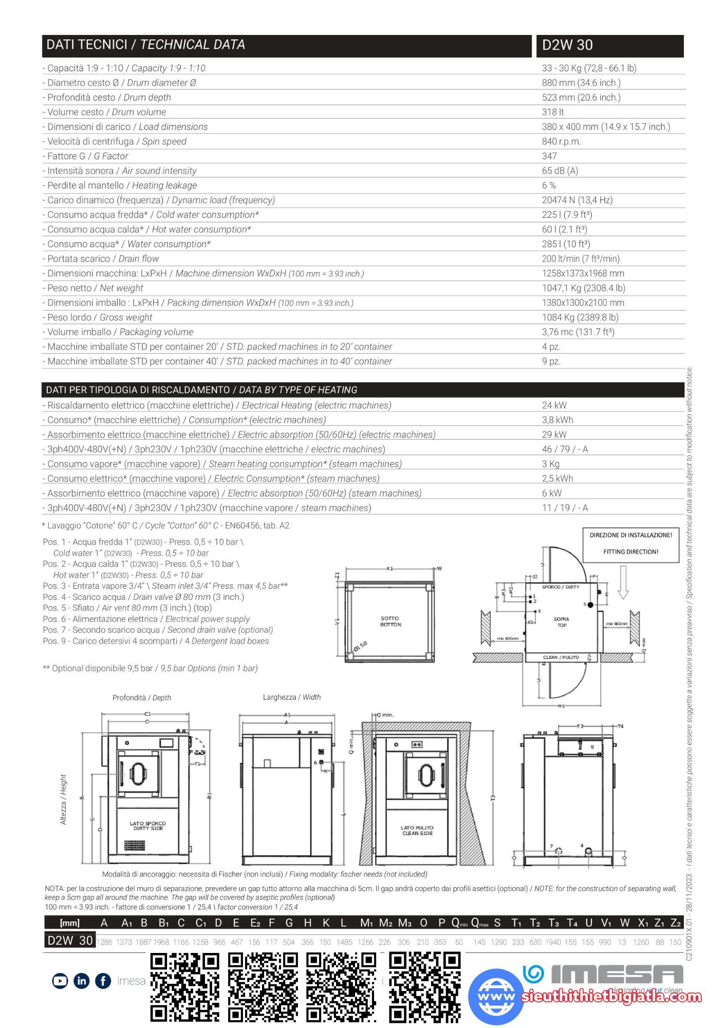 Thông số Máy giặt vắt Y tế 2 cửa Imesa D2W 30