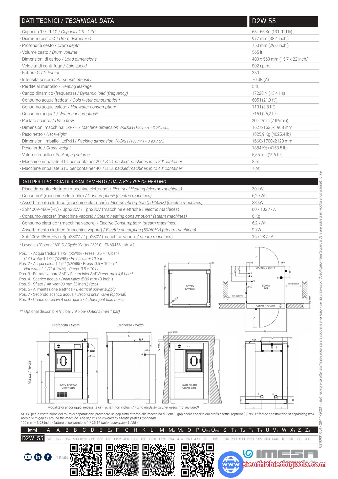 Thông số Máy giặt vắt Y tế 2 cửa Imesa D2W 55
