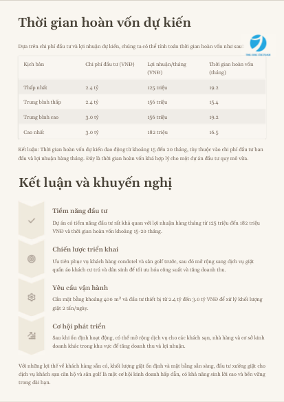 Tính toán thời gian hòa vốn dự kiến xưởng giặt Condotel Golf