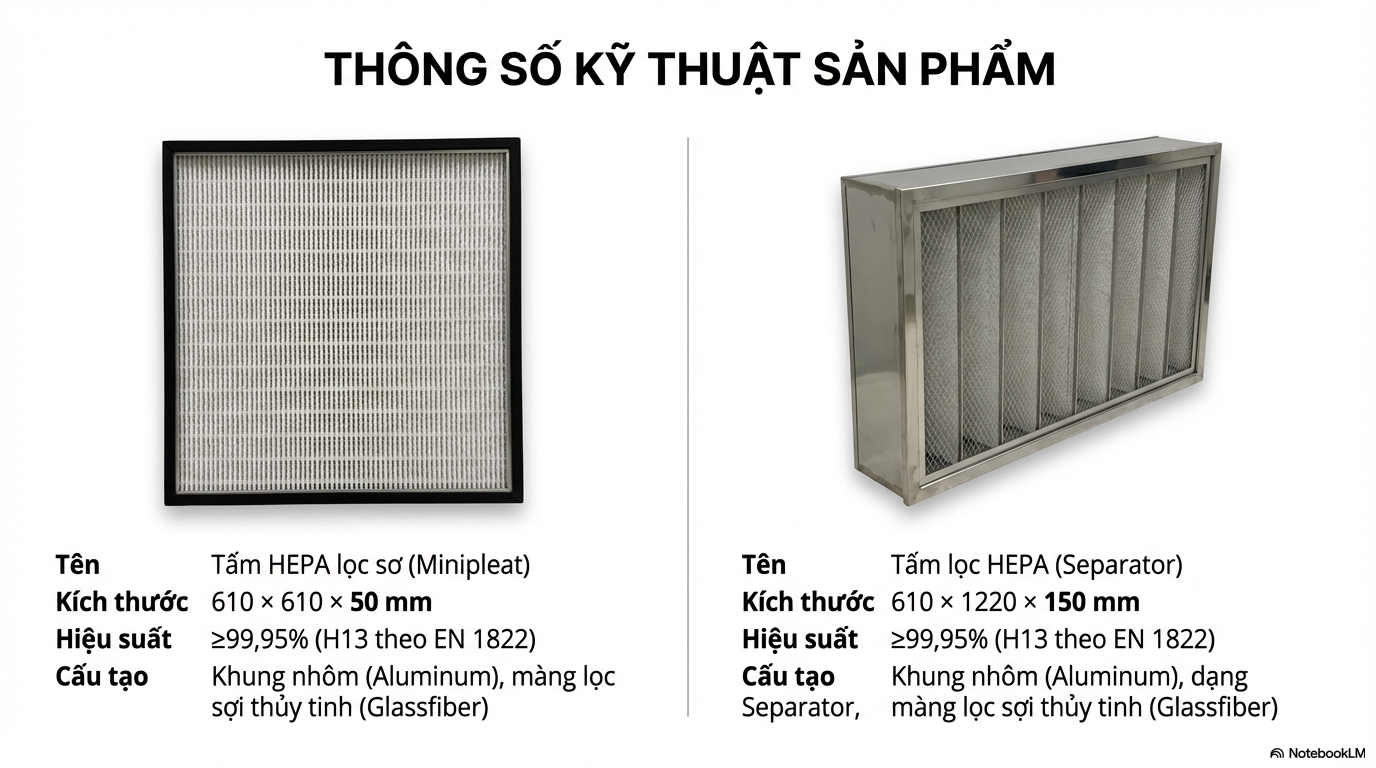 Thông số kỹ thuật tấm lọc HEPA cho máy sấy sạch