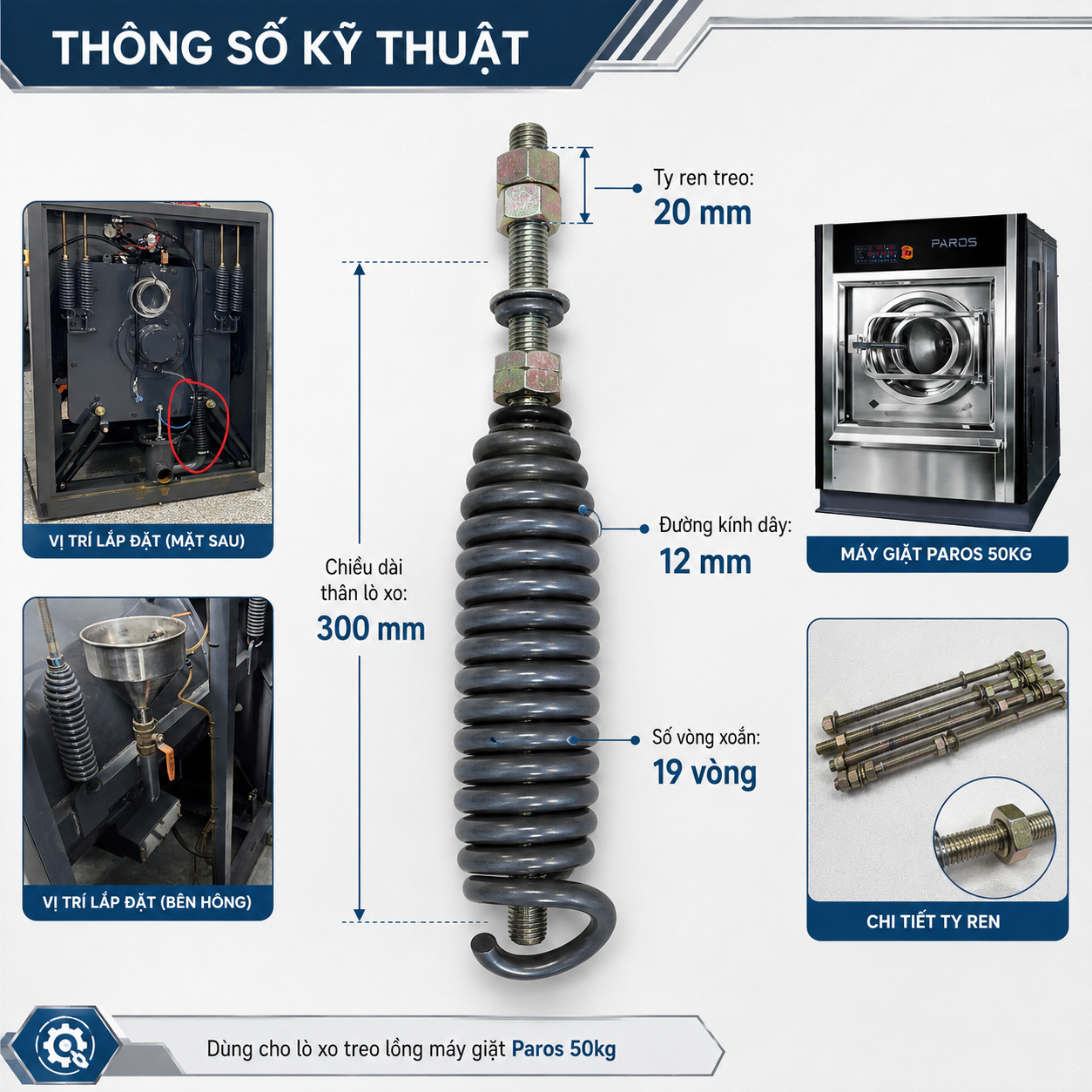 Thông số lò xo treo lồng máy giặt công nghiệp Paros 50kg
