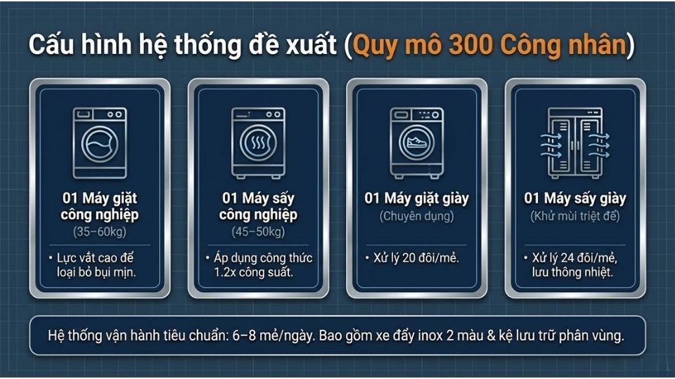 Cấu hình hệ thống giặt sấy đề xuất cho nhà máy 300 công nhân